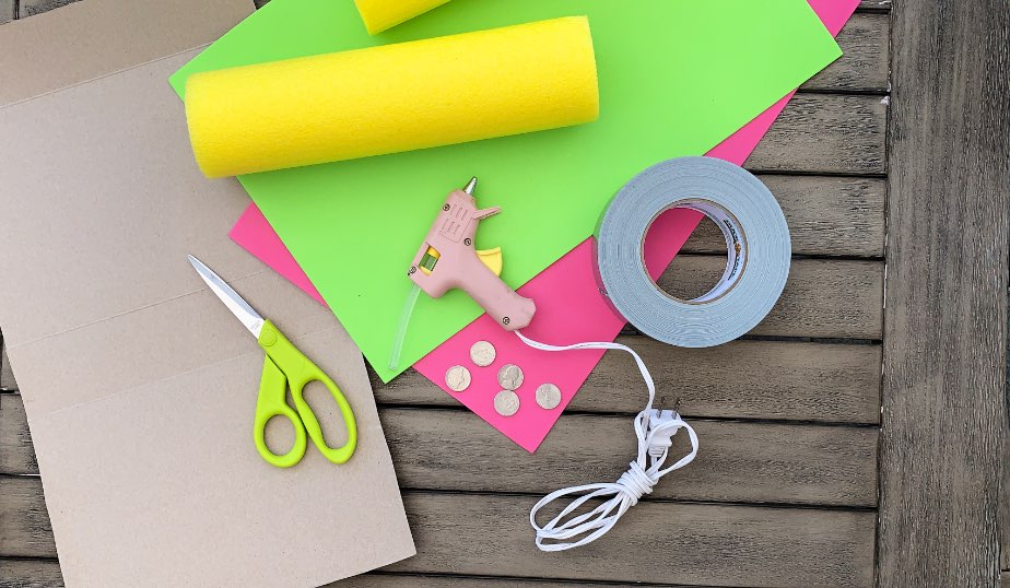 flat lay of the supplies for pool noodle planes diy activity for kids